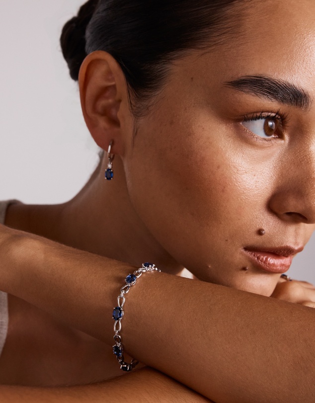 Michael Hill - Oval Cut Blue Created Ceylon Sapphire Gemstone and Diamond Drop Huggie Earrings in Sterling Silver