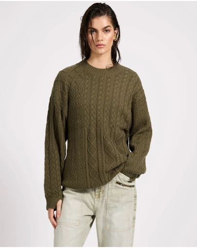 ONE TEASPOON - Mixed Cable Cotton Knit Sweater - Khaki
