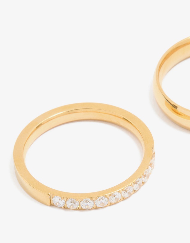 Lovisa - Waterproof Gold Plated Stainless Steel Diamante & Smooth Rings 2- Pack