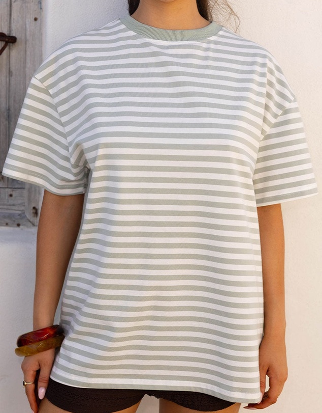 Beginning Boutique - Alba Sage Stripe Oversized Tee