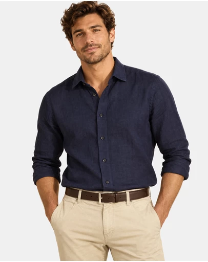 Henry Bucks - HENRY SARTORIAL Linen Classic Fit Shirt NAVY