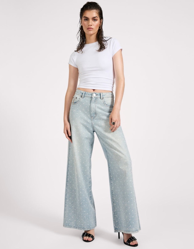 ONE TEASPOON - Love Machines Mid Waist Super Wide Leg Denim Jeans - Blue Sparkle