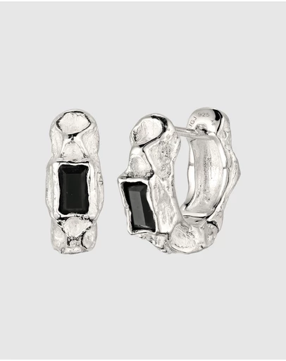 Haze & Glory - ICONIC EXCLUSIVE - Textured Onyx Hoop Earrings in 925 Silver