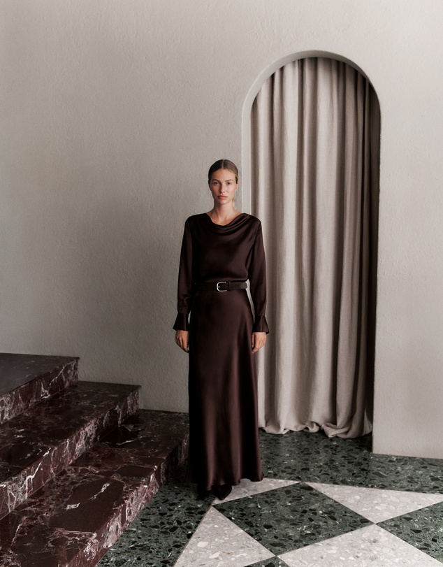 Trenery - Satin Cowl Neck Top in Coffee Bean