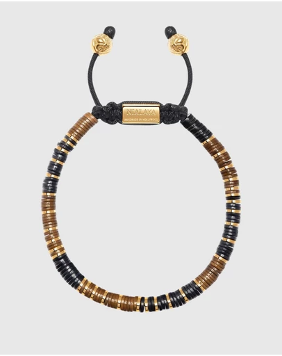Nialaya Jewellery - Men's Beaded Bracelet with Black, Brown and Gold Disc Beads