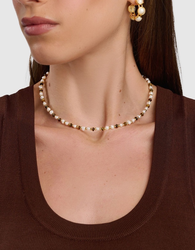Nialaya Jewellery - Mini Beaded Choker with Pearls and Tiger Eye