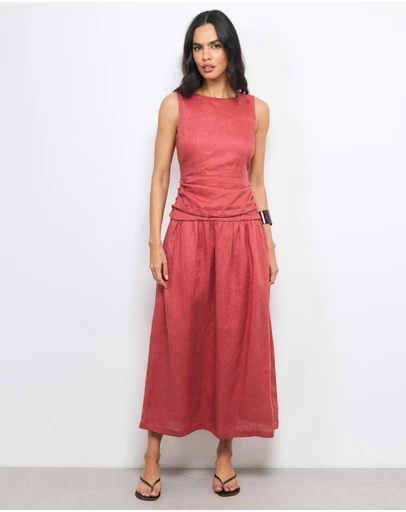 AERE - Eira Ruched Drop Waist Linen Maxi Dress