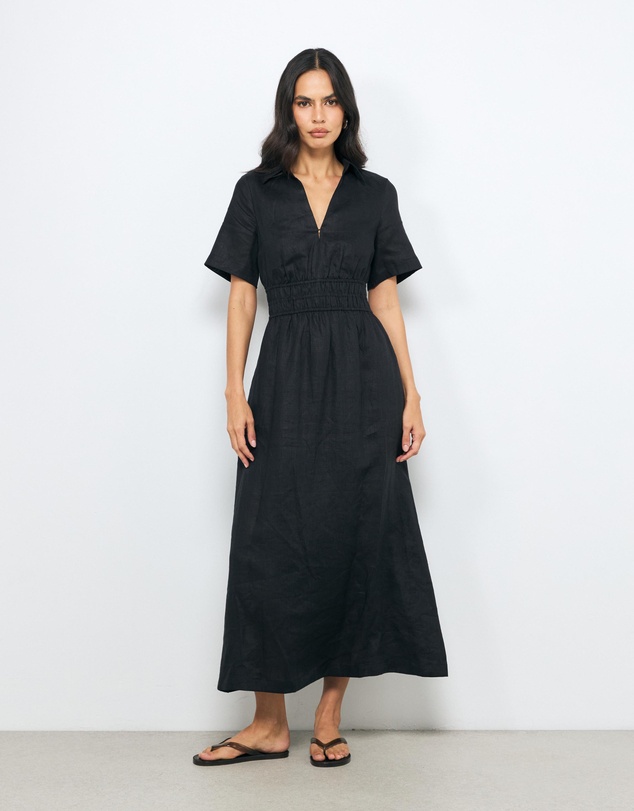 AERE - Ada Shirred Waist Linen Shirt Dress