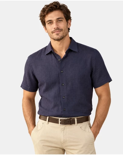 Henry Bucks - HENRY SARTORIAL Linen Classic Fit Short Sleeve Shirt NAVY