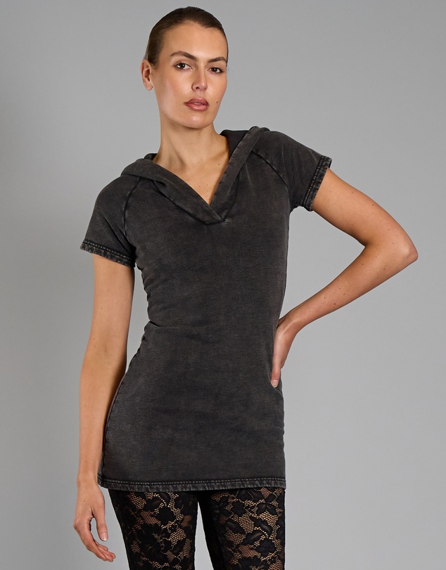 Love and Nostalgia - Taylor Hooded Cotton Fleece Dress- Black Acid Wash