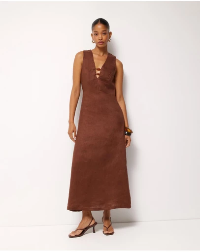 AERE - Cari Bead Detail Linen Midi Dress