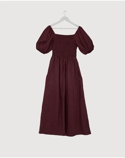 Revibe - Repaired AERE Olana Shirred Linen Midi Dress - AU 12