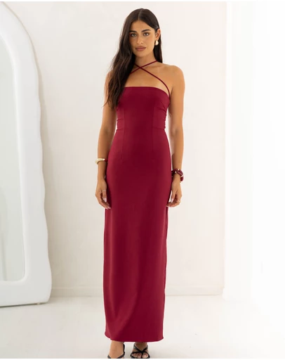 Beginning Boutique - Del Mar Burgundy Crepe Formal Maxi Dress