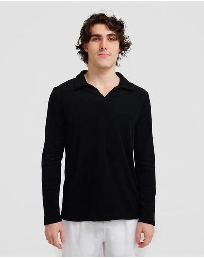 Vacay Swimwear - L/S Black Terry Polo