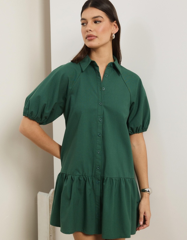 Atmos&Here - Lina Linen Blend Mini Dress With Puff Sleeve