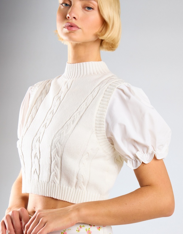 Glamorous - Contrast Puff Sleeves Cropped Knitted Top