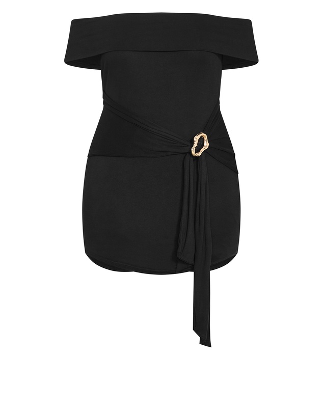 City Chic - Plus size Drape Off Shoulder Mini Dress - black