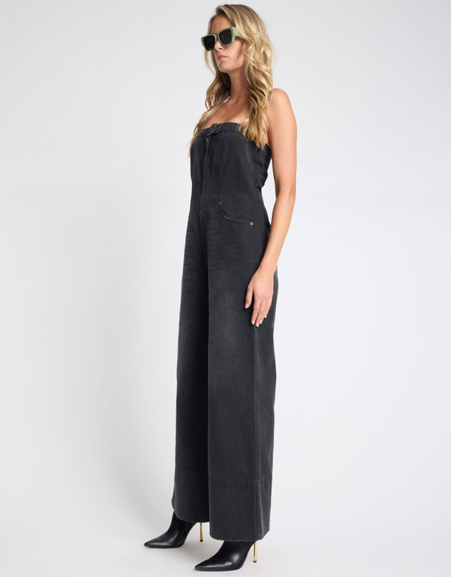 ONE TEASPOON - Dark Angel Strapless Wide Leg Denim Jumpsuit - Smokey Black