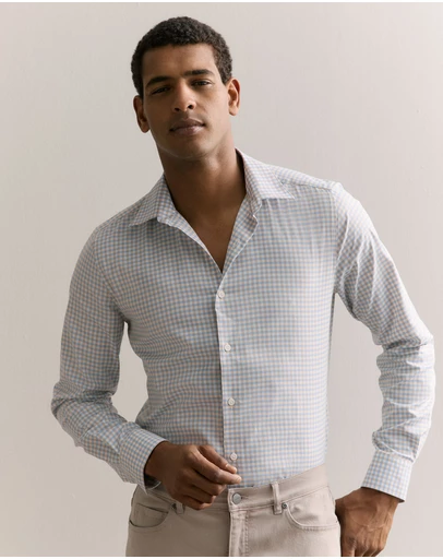 Trenery - Tailored Fit Supima Cotton Micro Check Shirt in White