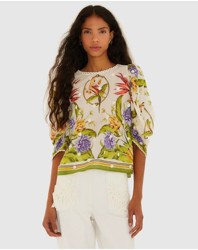 Farm Rio - Tropical Scarf Sand Green Blouse