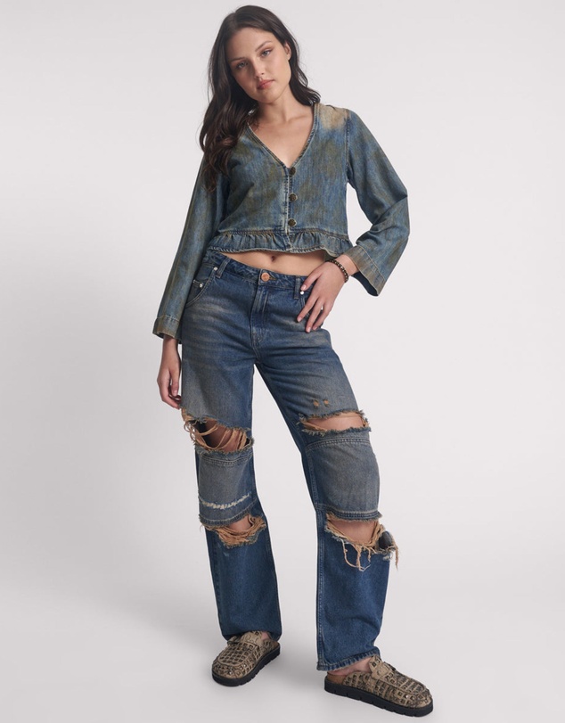 ONE TEASPOON - Denim Frill Backless Crop Top - Lucia Blue