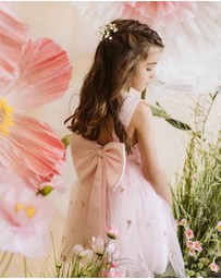 Bebe by Minihaha - Pink Floral Embroidered Back Bow Tulle Dress - Kids