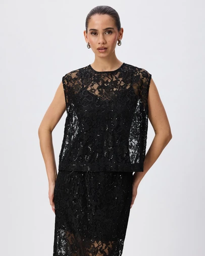 Tussah - Lauren Sequin Sheer Lace Cap Sleeve Top