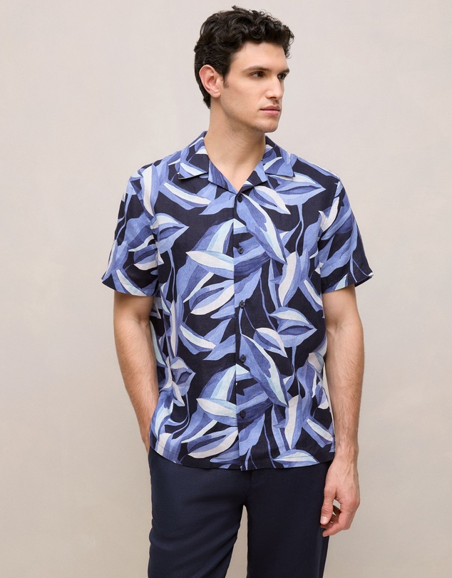 Trenery - Painted Leaf Linen Camp Shirt in Navy