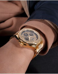 GUESS - Gold-Tone Multi-function Men's 46mm Black Dial with Crystals on Bezel and Strap Analogue Watch