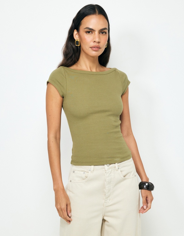 AERE - Boat Neck Cap Sleeve T-Shirt