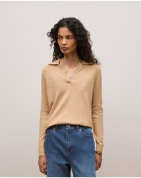 Trenery - Cotton Cashmere Long Sleeve Polo in Camel