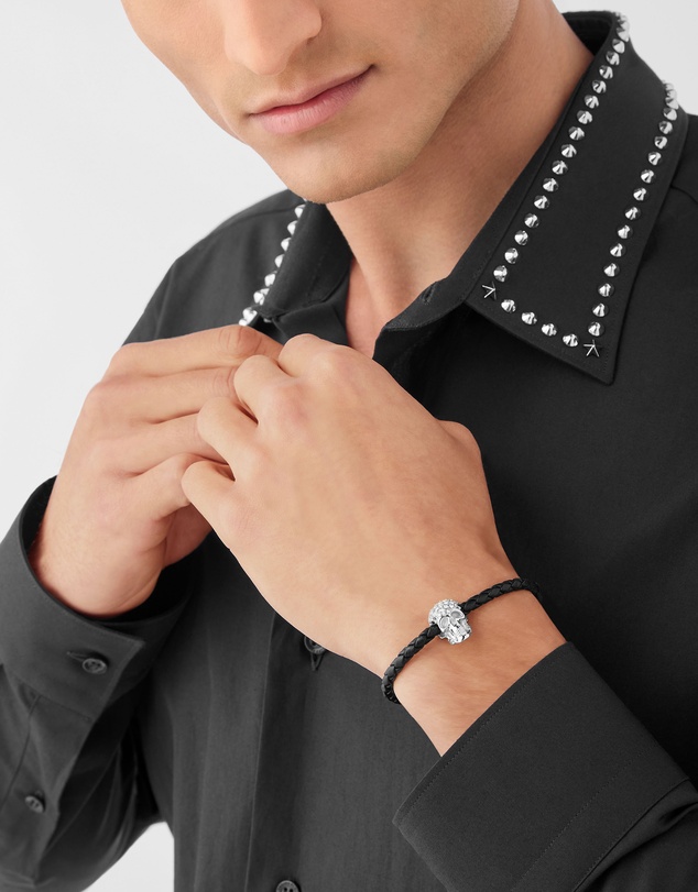 Philipp Plein - PLEIN ENIGMA Stainless Steel Crystal Skull Leather Bracelet
