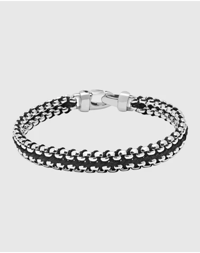 Nialaya Jewellery - Black Woven 8mm Box Chain Bracelet in Silver