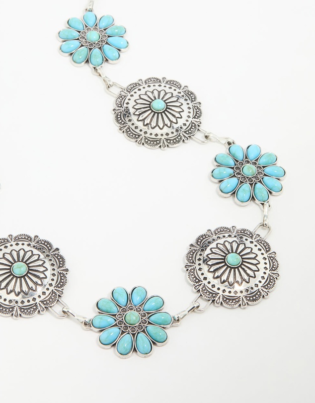 Lovisa - Silver & Turquoise Stone Boho Flower Ornate Belt