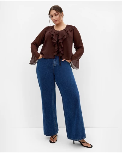 City Chic - Plus size Luscious Sheer Ruffles Top - chocolate