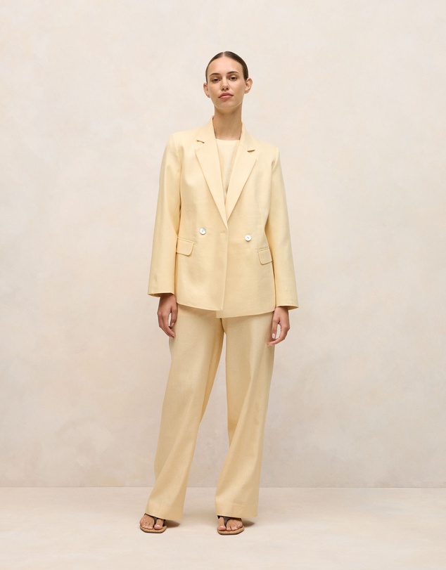 Trenery - Linen Cotton Herringbone Tailored Wide Leg Pant in Butter
