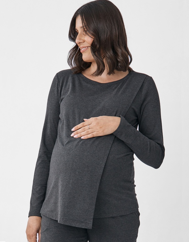 Angel Maternity - Monique Long Sleeve Nursing Petal Top - Charcoal