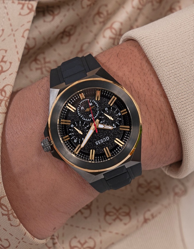 GUESS - Multifunction Gold-Tone 46mm Black Dial and Silicone Strap Men's Watch