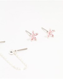 Lovisa - Silver Plated Brass Heart Flower Chain Earrings 3-Pack