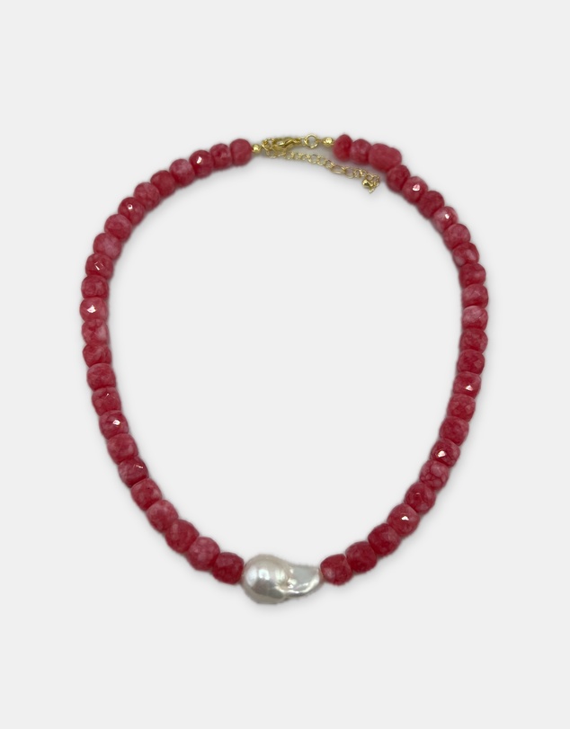 Izoa - Marguerite Baroque Pearl Gemstone Necklace Raspberry Pink