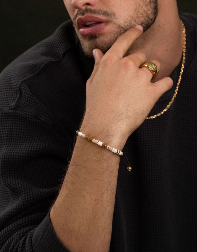 Nialaya Jewellery - Men's Beaded Bracelet with Brown, Beige and Gold Disc Beads