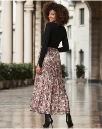 Sosandar - Paisley Print Metallic Stripe Tiered Maxi Skirt