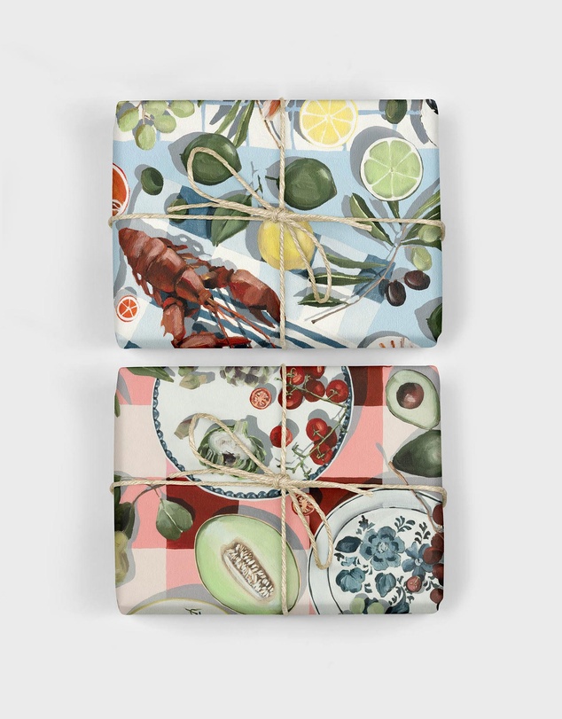 Bespoke Letterpress - Gift Wrap - Fish & Citrus / Red Gingham - Double Sided 6pk