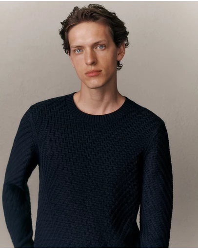Trenery - Cotton Blend Textured Crew in Navy
