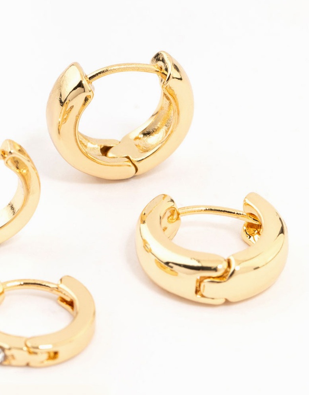 Lovisa - Gold Plated Diamante & Plain Huggie Earrings 2-Pack