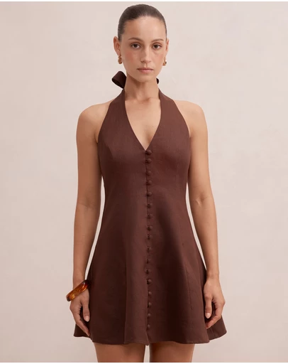 Forever New Petite - Ina Petite Halter Neck Linen Mini Dress