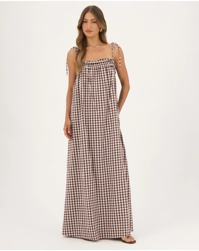Atmos&Here - Eire Gingham Linen Blend Maxi Dress With Tie Straps And Shirring Detail