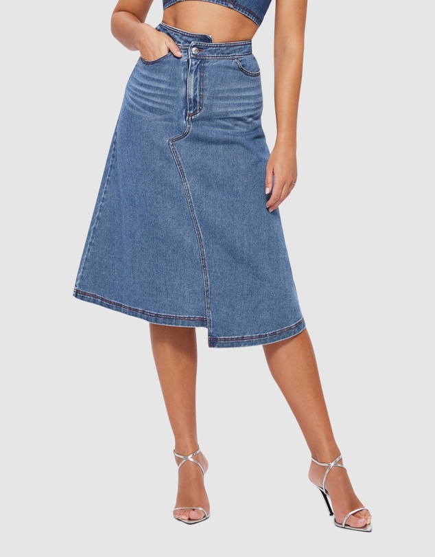 LEO LIN - Quinn Denim Asymmetric Midi Skirt - Dark Wash