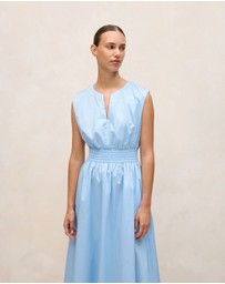Trenery - Cotton Sateen Shirred Waist Dress in Blue Marble