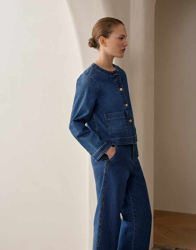 Trenery - Collarless Cropped Denim Jacket in Mid Blue